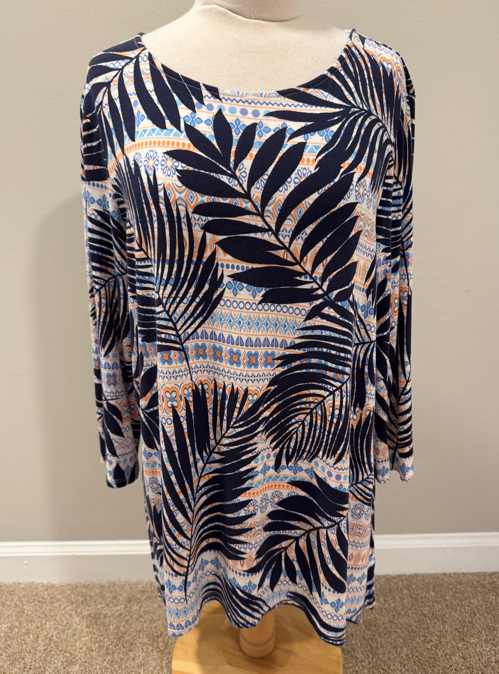 Ruby Rd Womens Large Tunic Top 3/4 Sleeve Navy Coral Tropical Palm Geometric